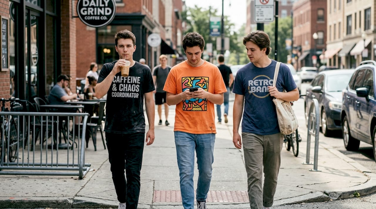 Men wearing graphic tees in city street
