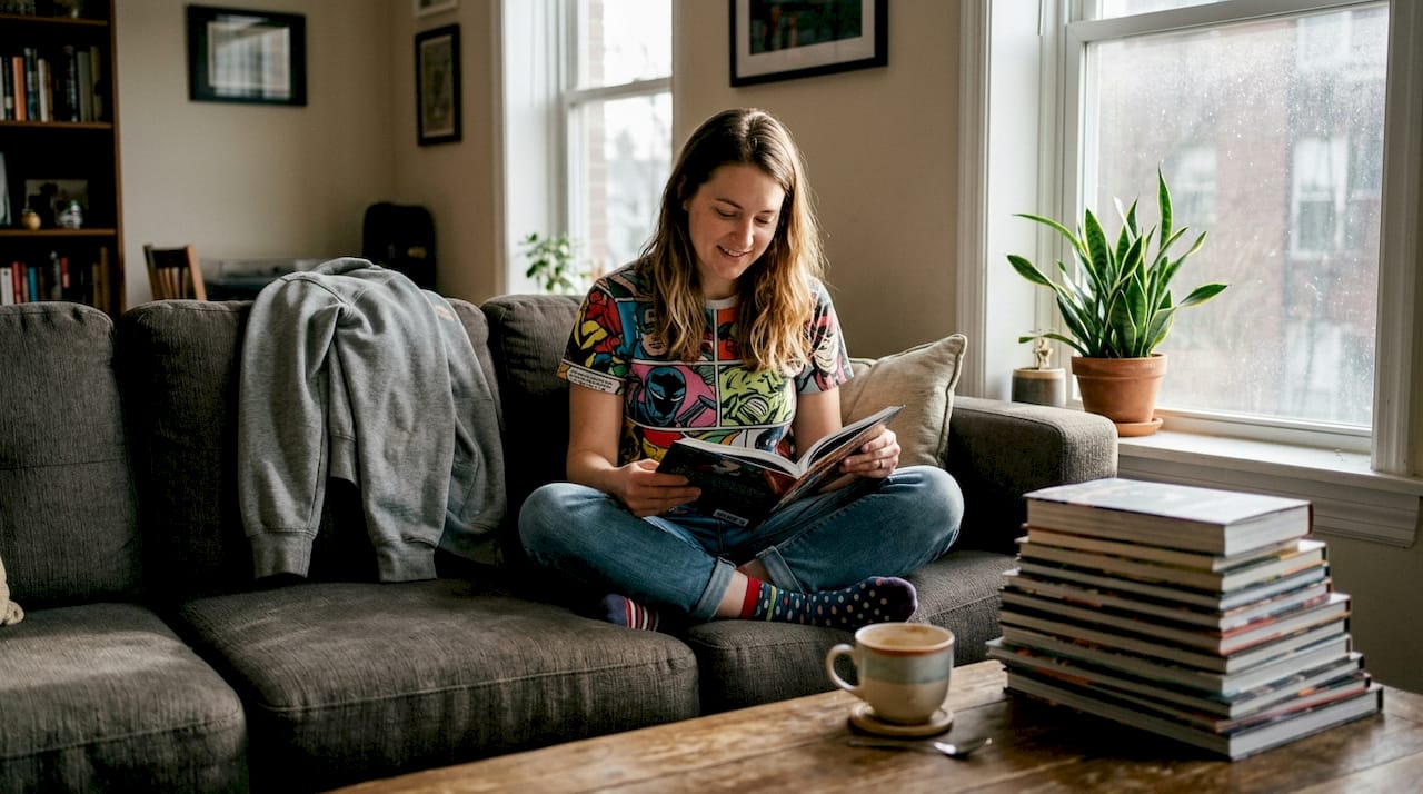 Woman reading in nerdy tee on couch