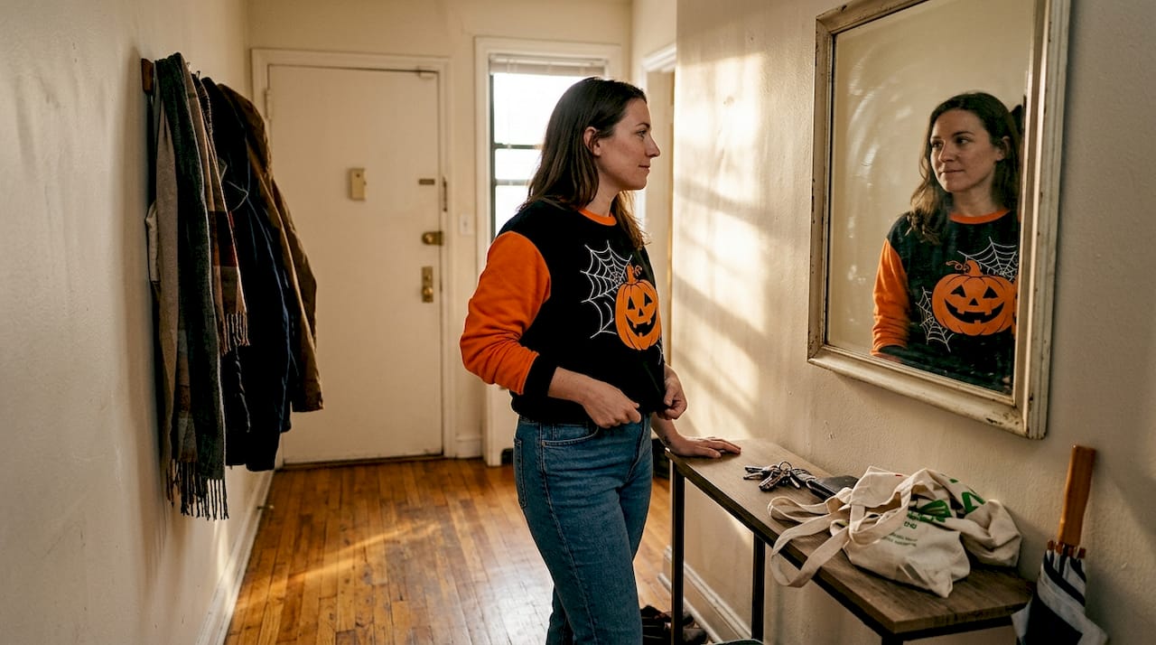 Woman trying Halloween sweatshirt at home mirror