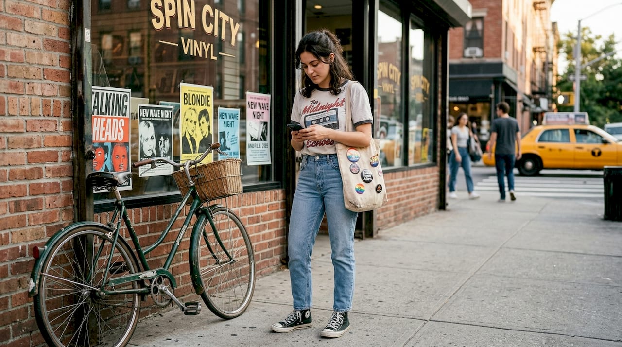 Person in retro graphic tee outside record store