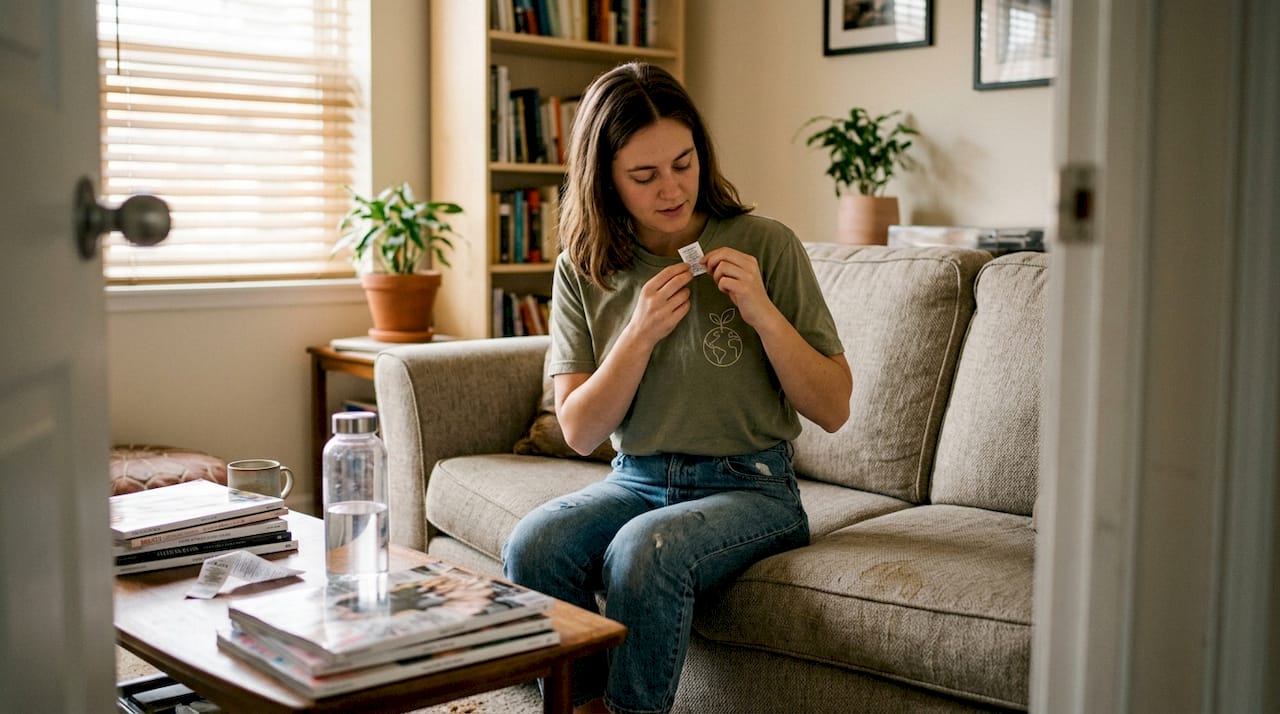 Person reviews tag on graphic tee at home