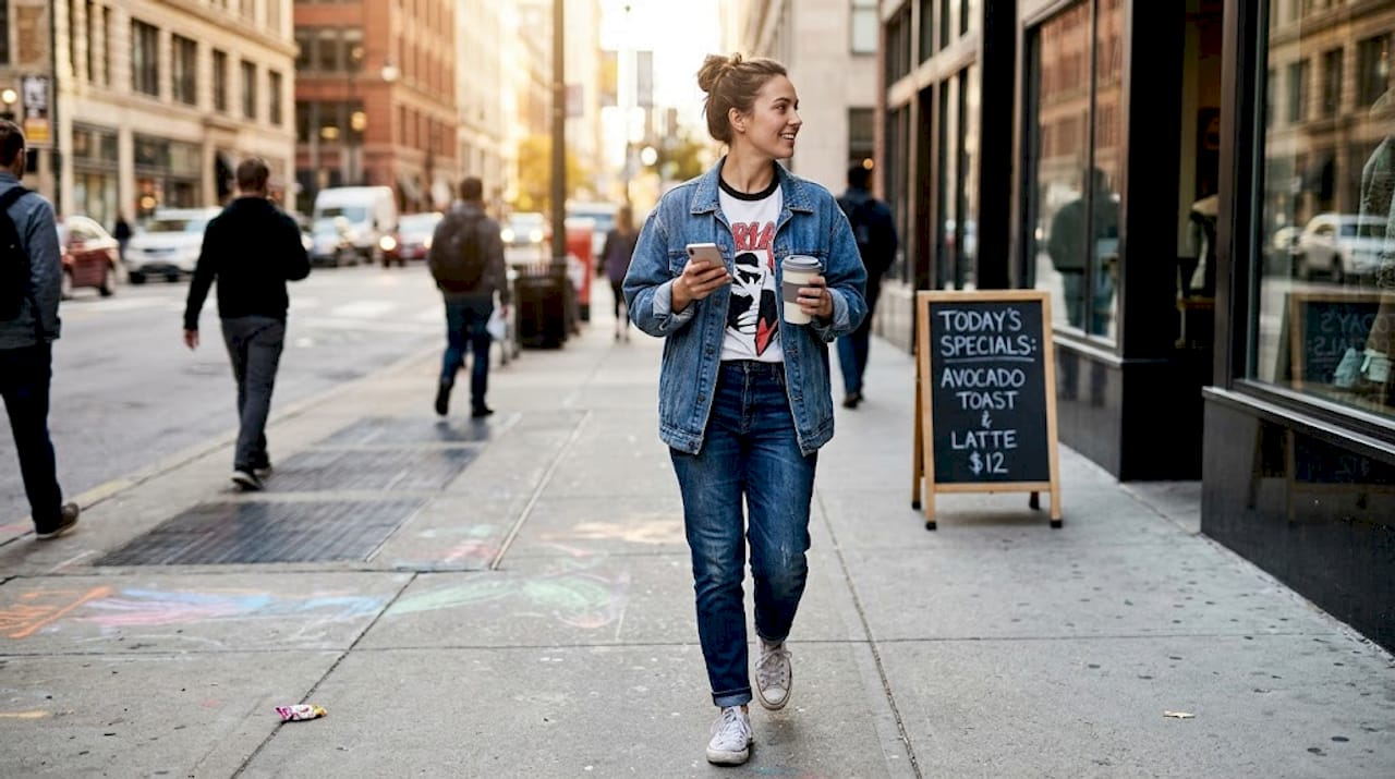 Person wearing bold graphic tee in city street