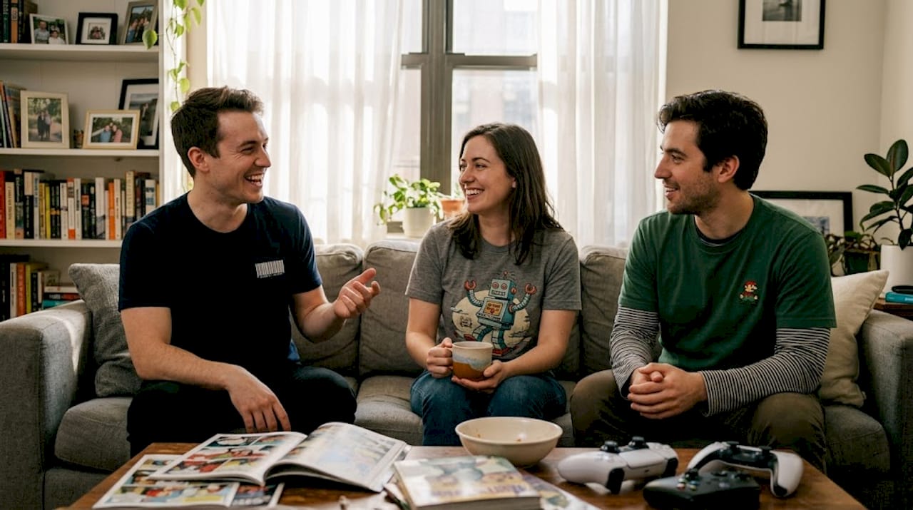 Friends in nerdy apparel chatting in living room