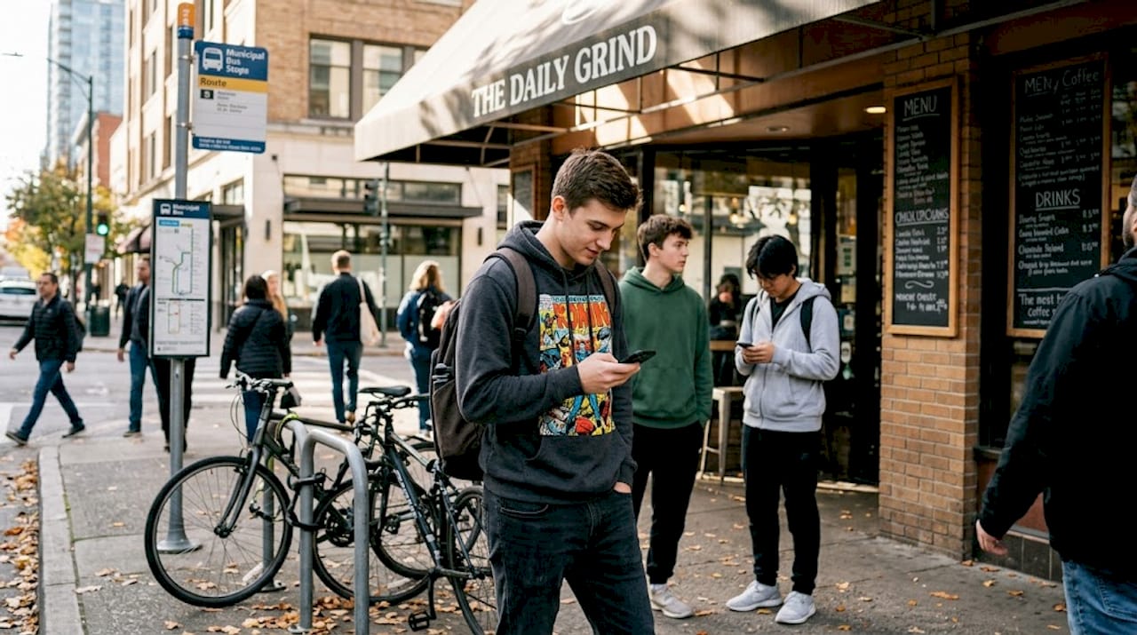 Young man in graphic hoodie outside coffee shop
