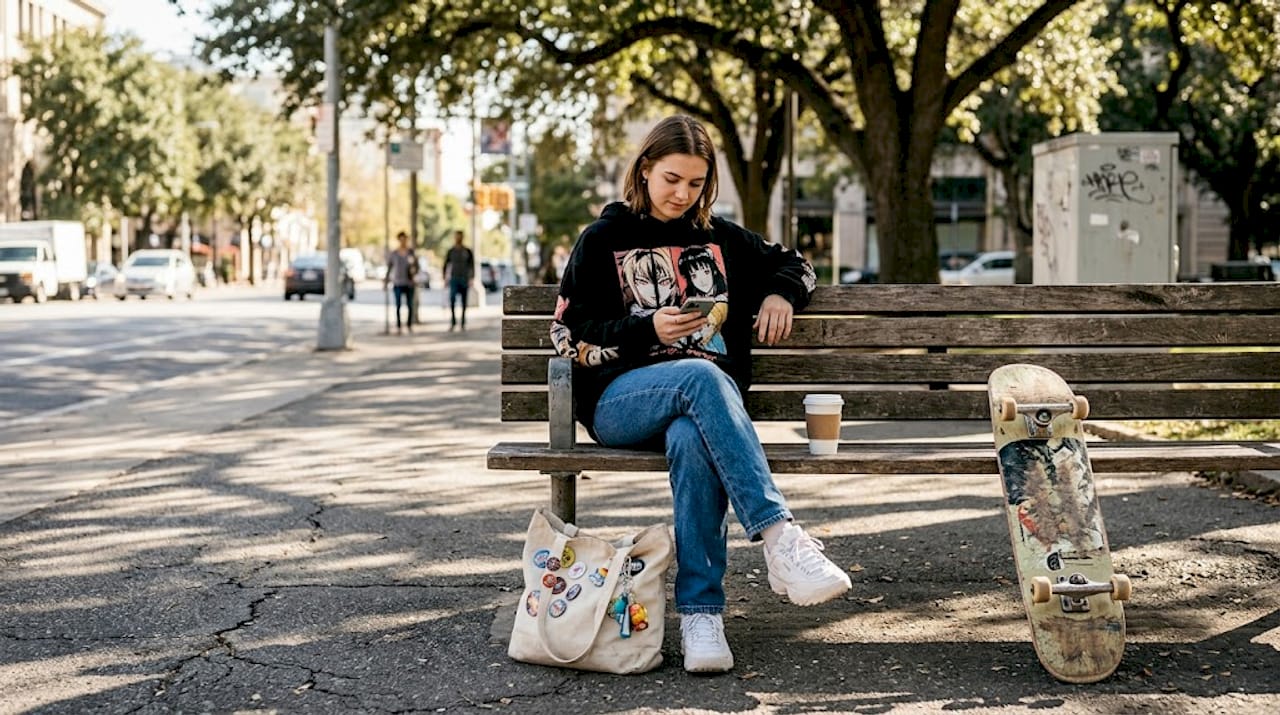 Woman in anime graphic hoodie at city park