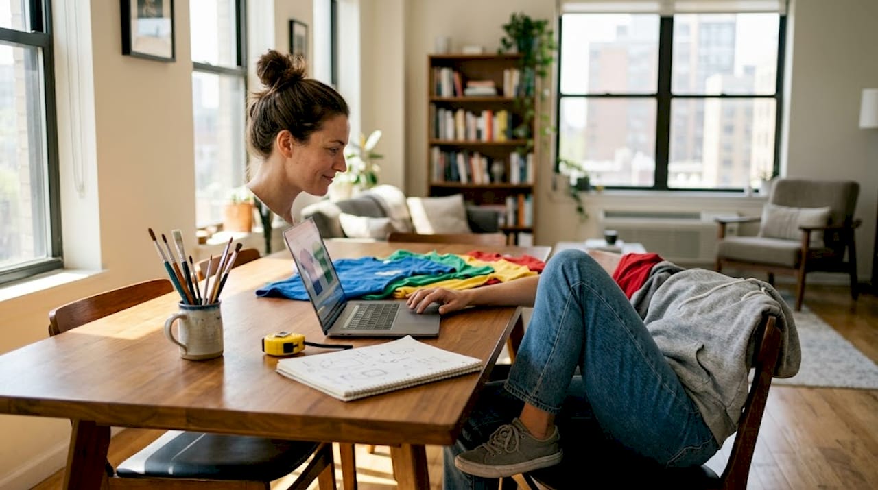 Designer comparing apparel products at home workspace