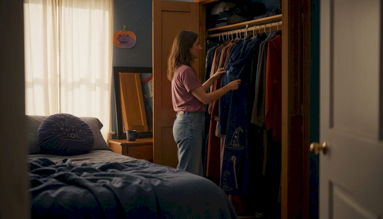 Woman choosing Halloween apparel in home closet