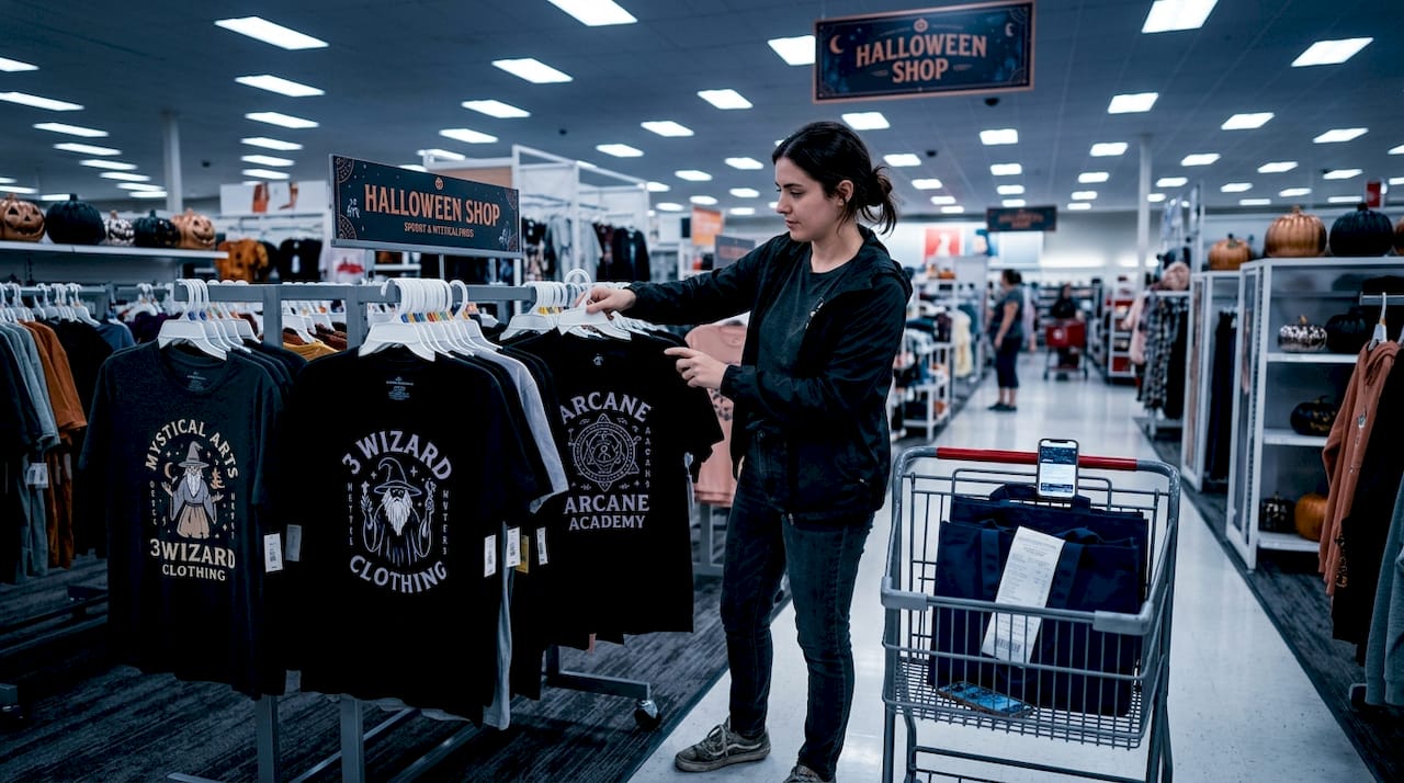 Woman shops for Halloween graphic tees
