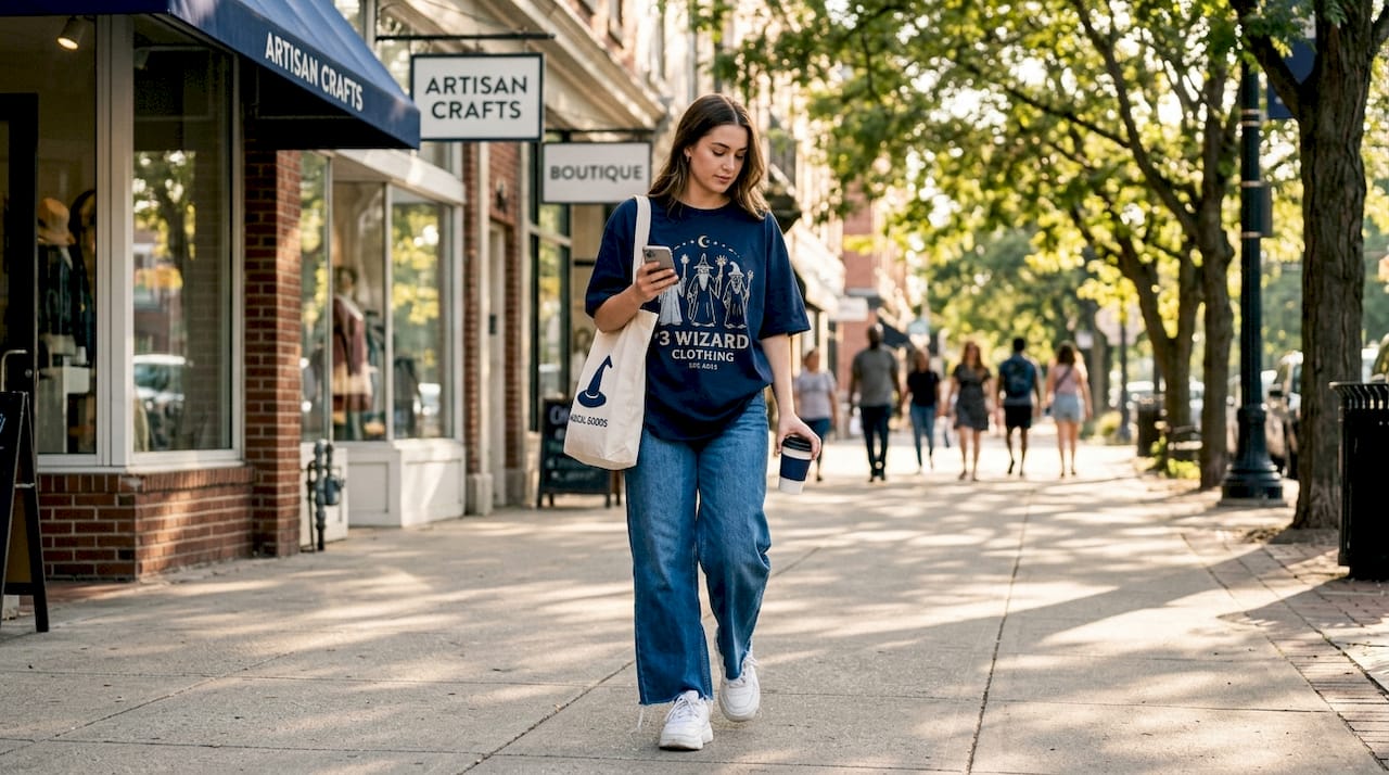 Woman in graphic tee and wide-leg jeans walking