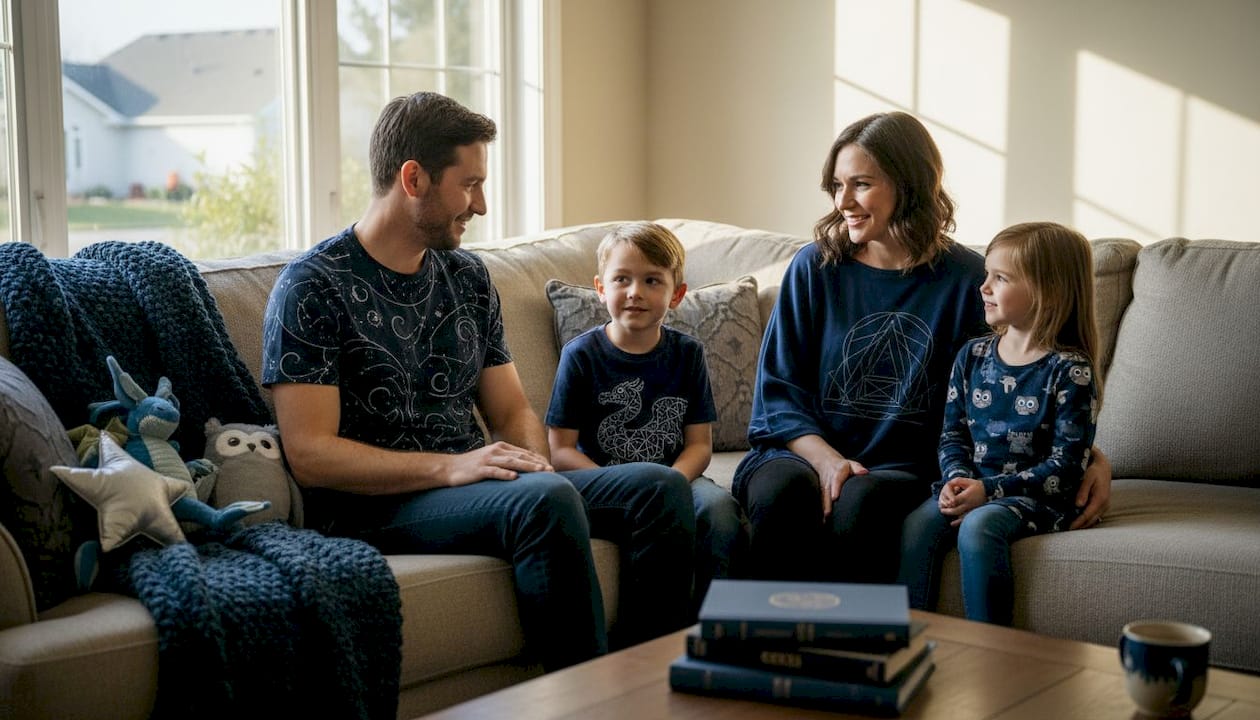 Family in themed shirts chatting on sofa