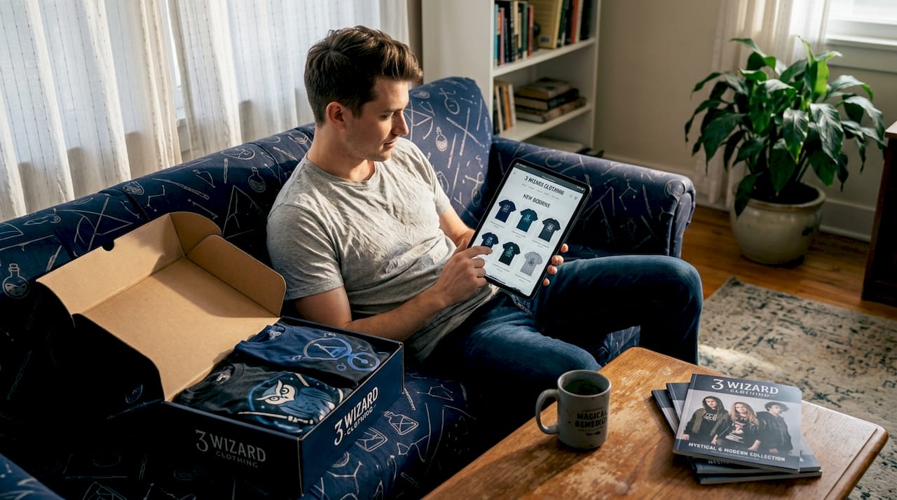 Man browsing expressive t-shirts at home