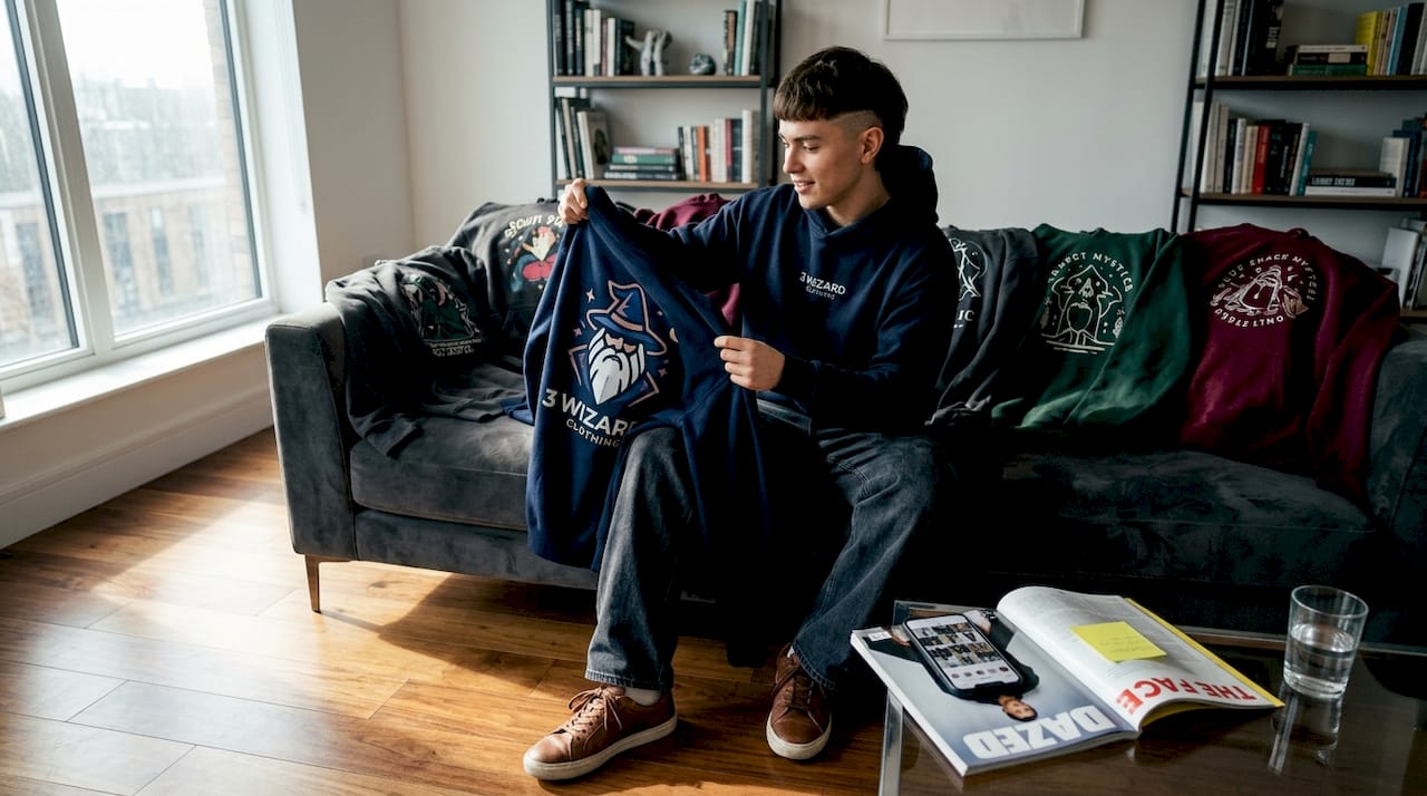 Choosing graphic hoodie from sofa in living room
