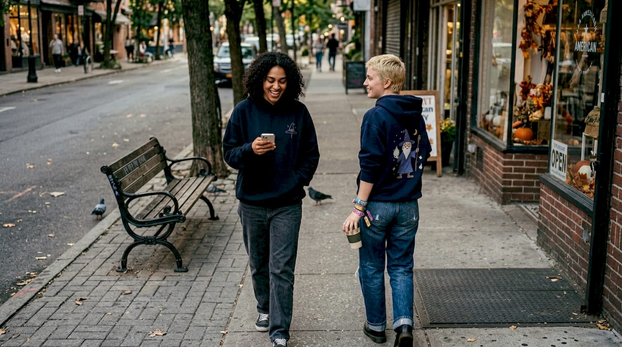 Friends in on-trend casual wear walking city street