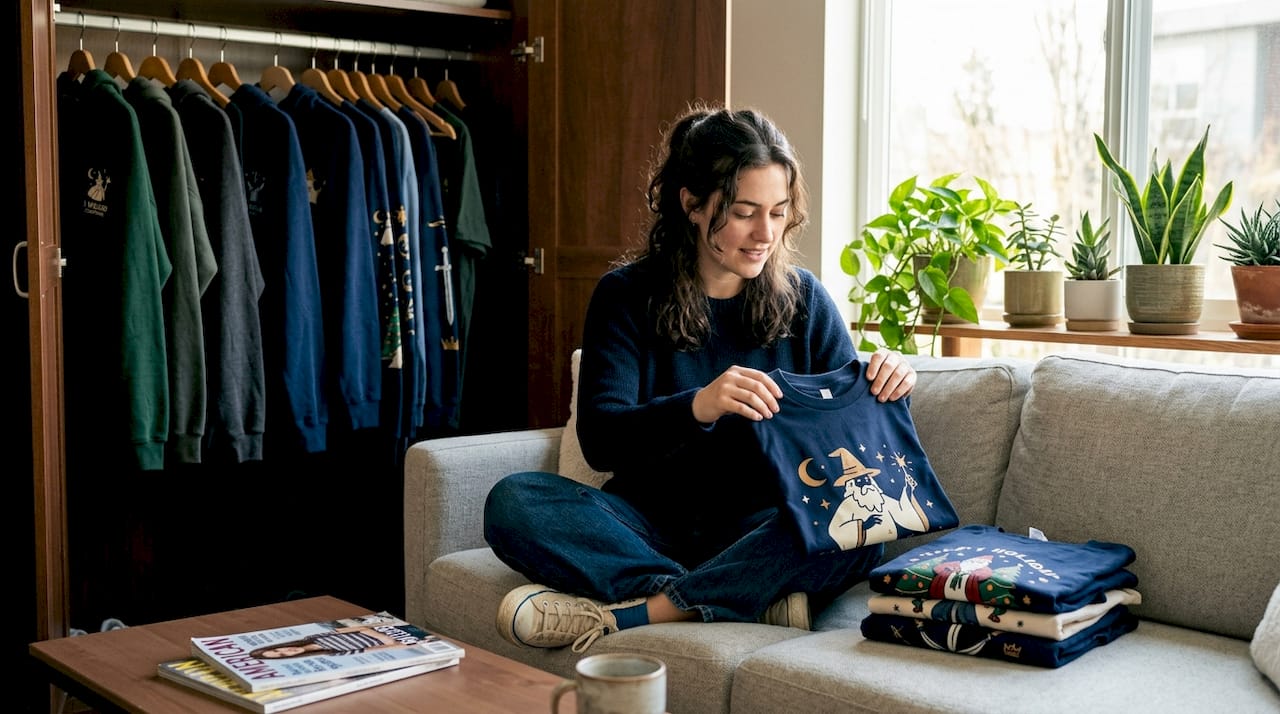 Young woman folding themed apparel at home