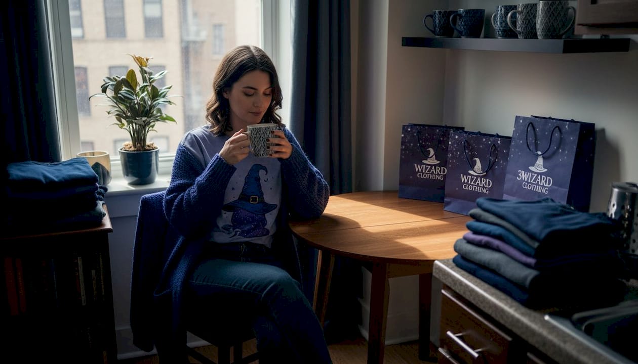 Woman relaxing in graphic tee at kitchen table
