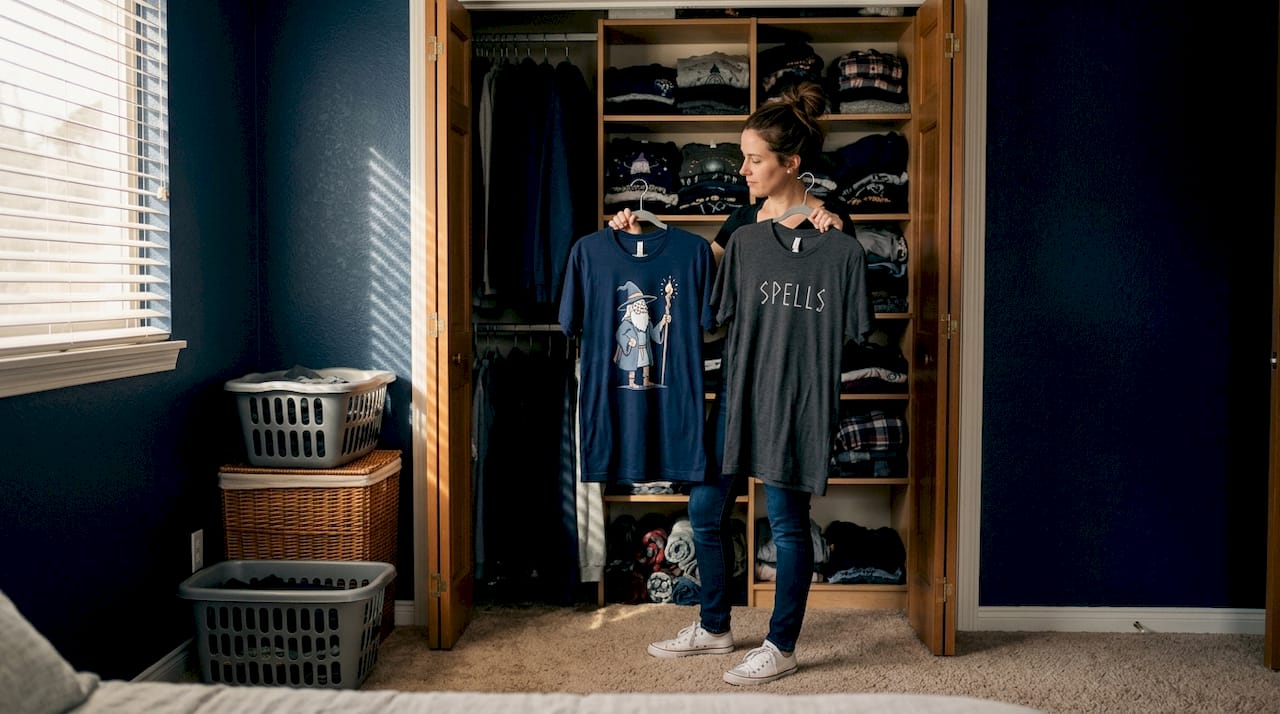 Woman choosing novelty shirts from wardrobe