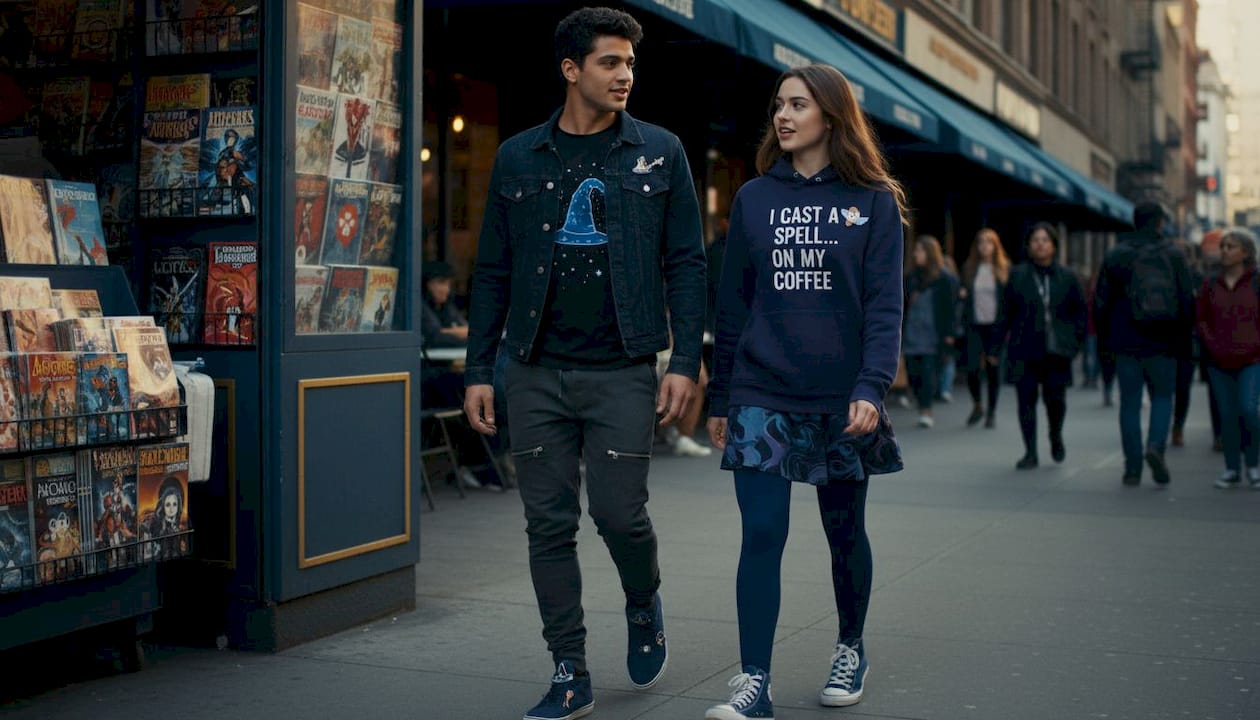 Young adults wearing layered nerdy apparel