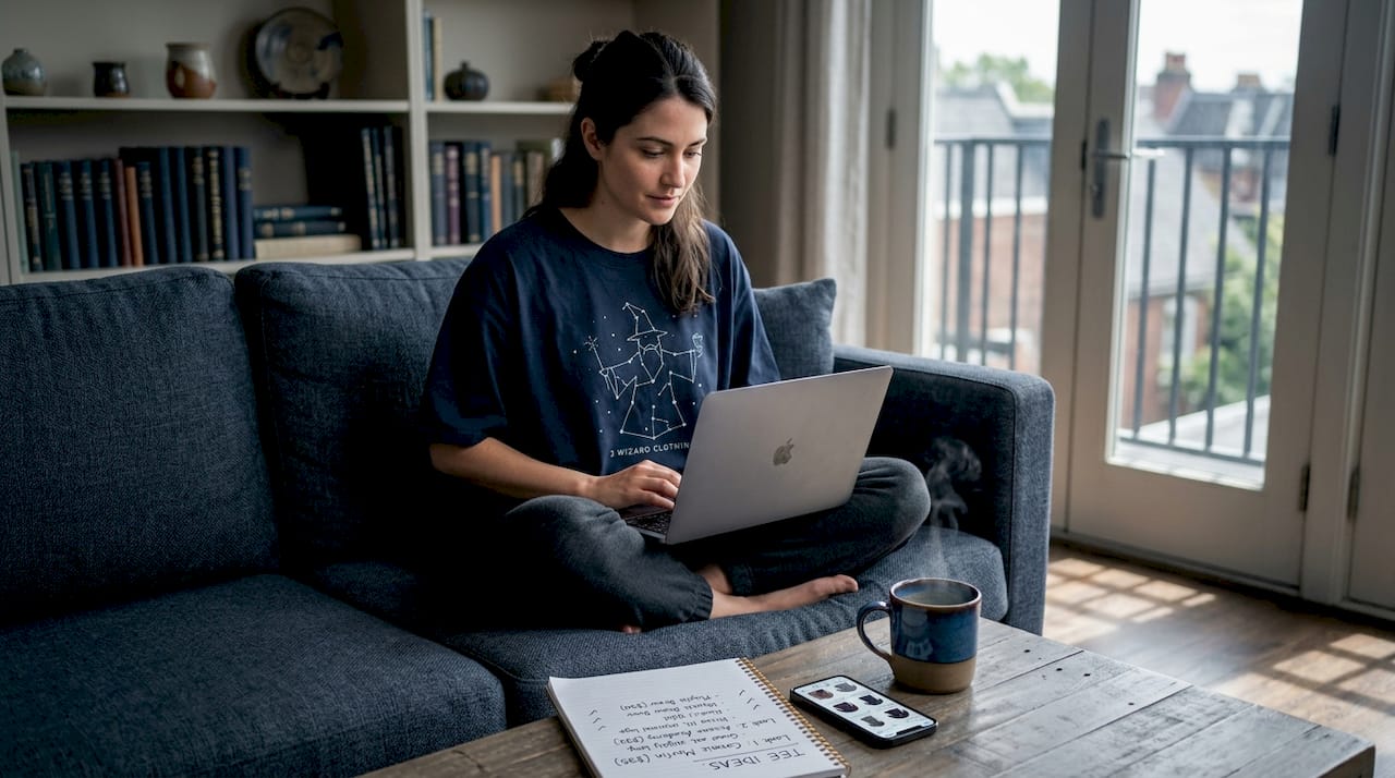 Woman comparing clothing on laptop at home