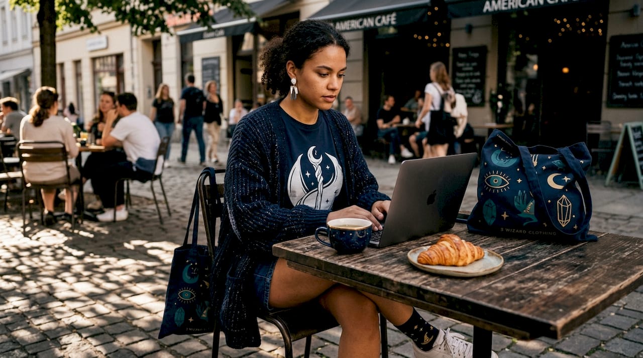 Woman in lively café wears vibrant tee