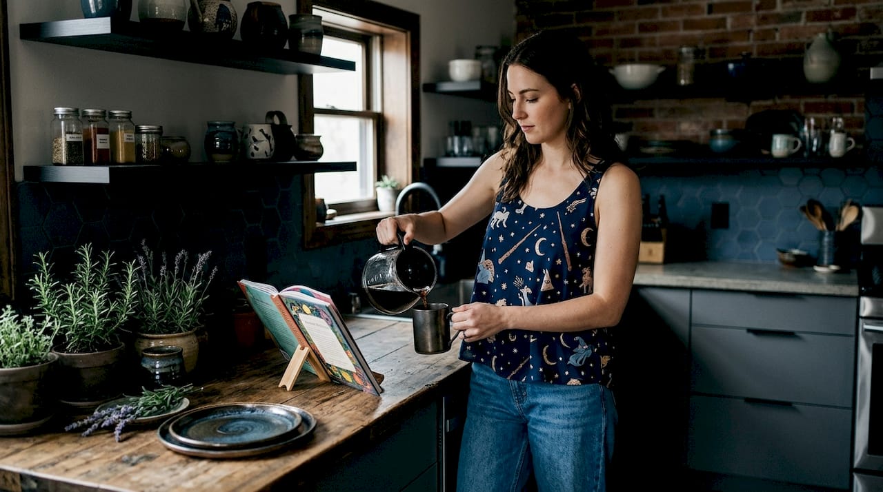 Woman in tank top making coffee in kitchen