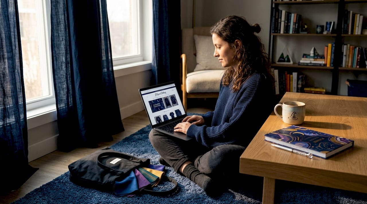 Woman shops for clothes online at home