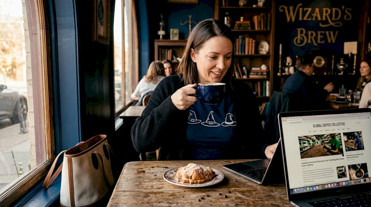 Woman researches coffee alternatives in city café