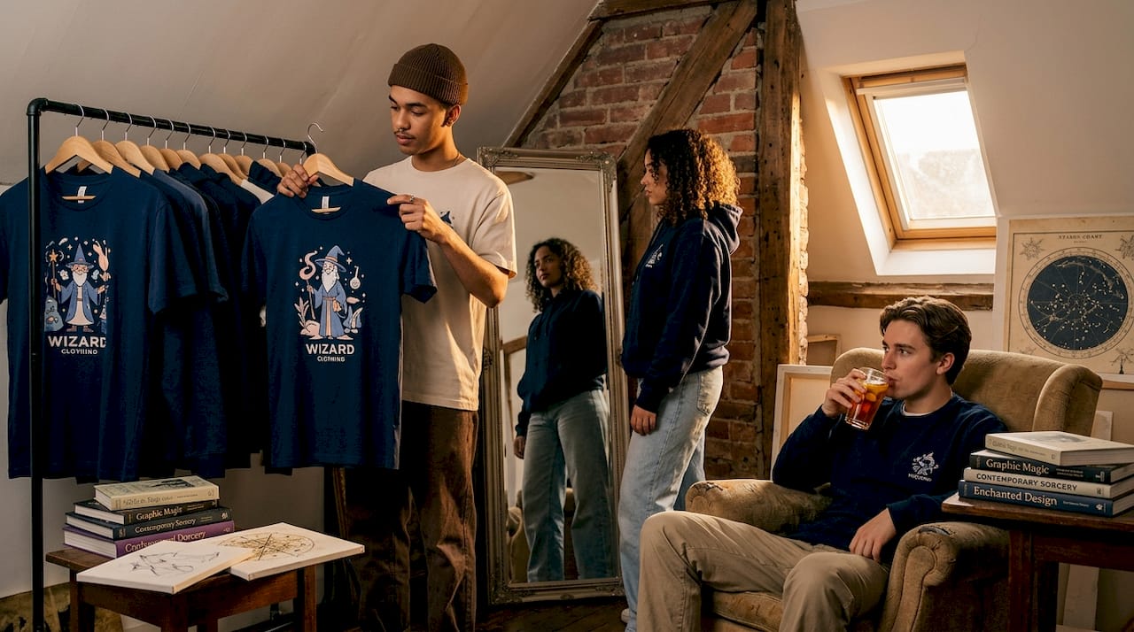 Young adults browsing graphic apparel at home