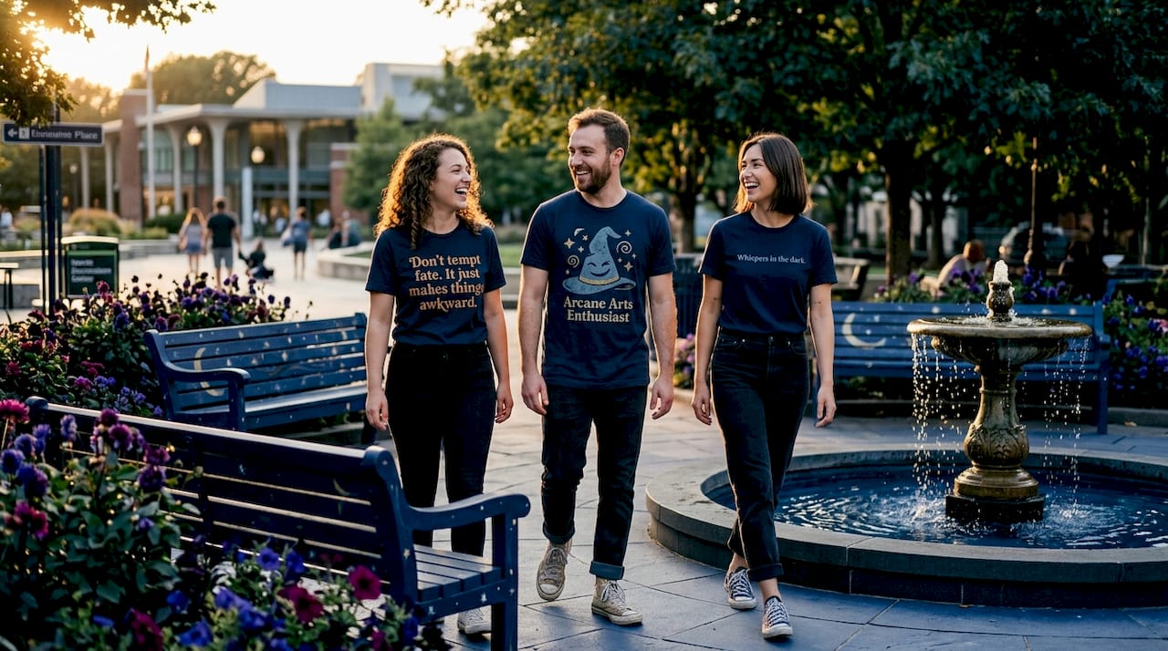 Friends in bold sassy t-shirts walking city