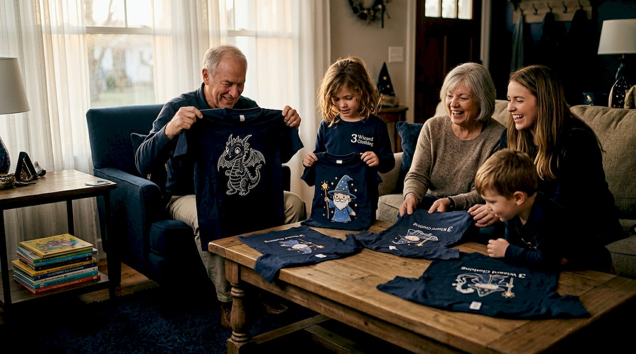 Family sorting matching themed t-shirts at home