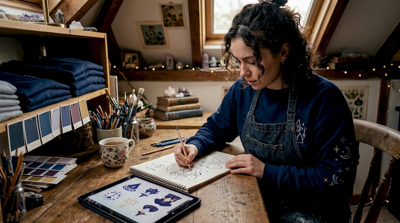Designer sketching t-shirt ideas in cozy studio