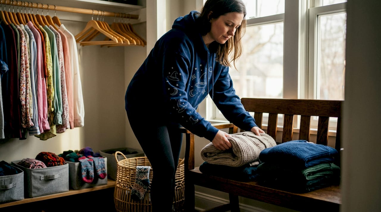 Woman folds sweaters in bright home closet