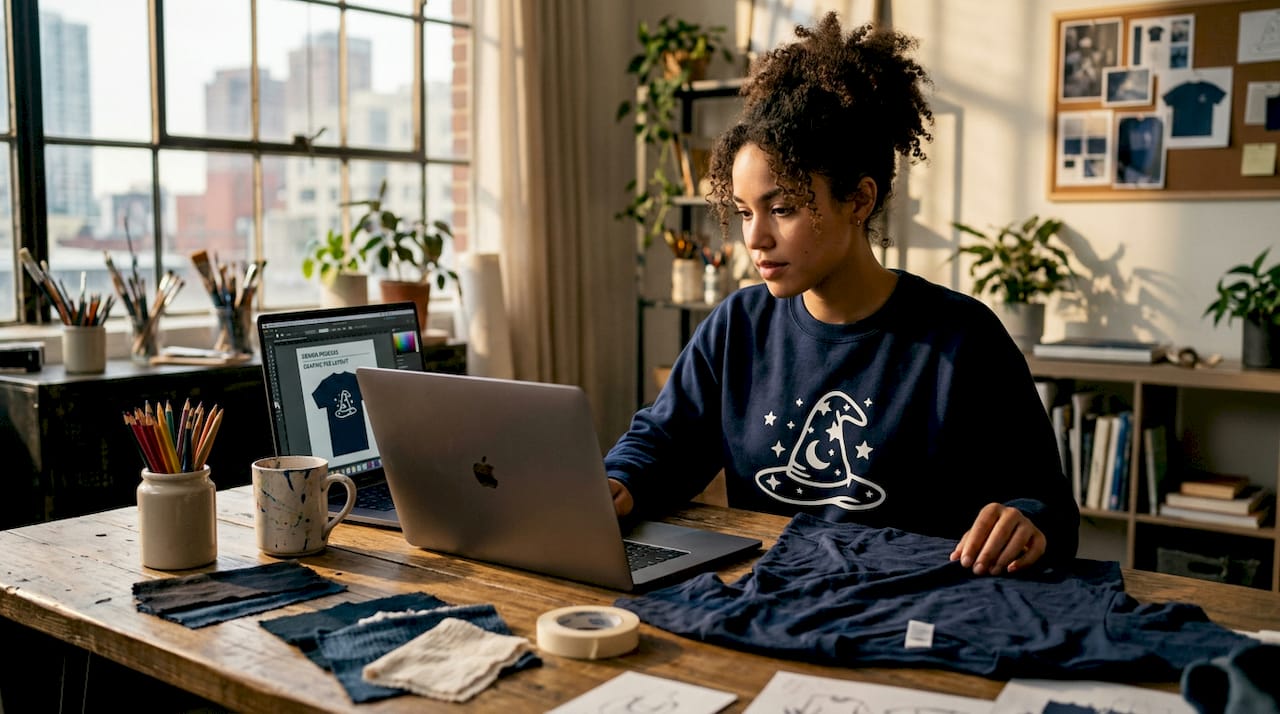 Designer personalizing graphic tee at home workspace