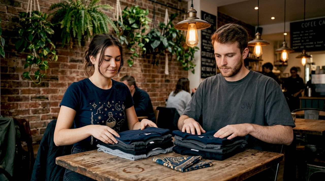 Man and woman folding differently cut t-shirts