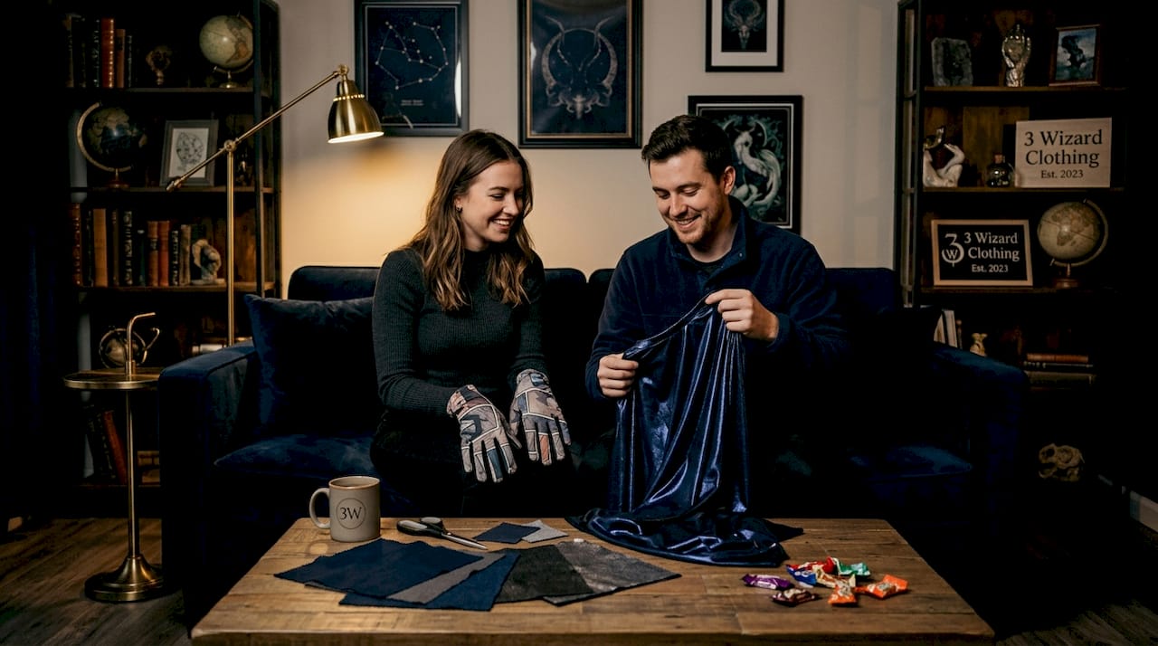 Couple sorting superhero Halloween costumes