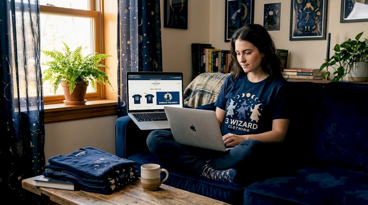 Casual graphic apparel online shopping at home