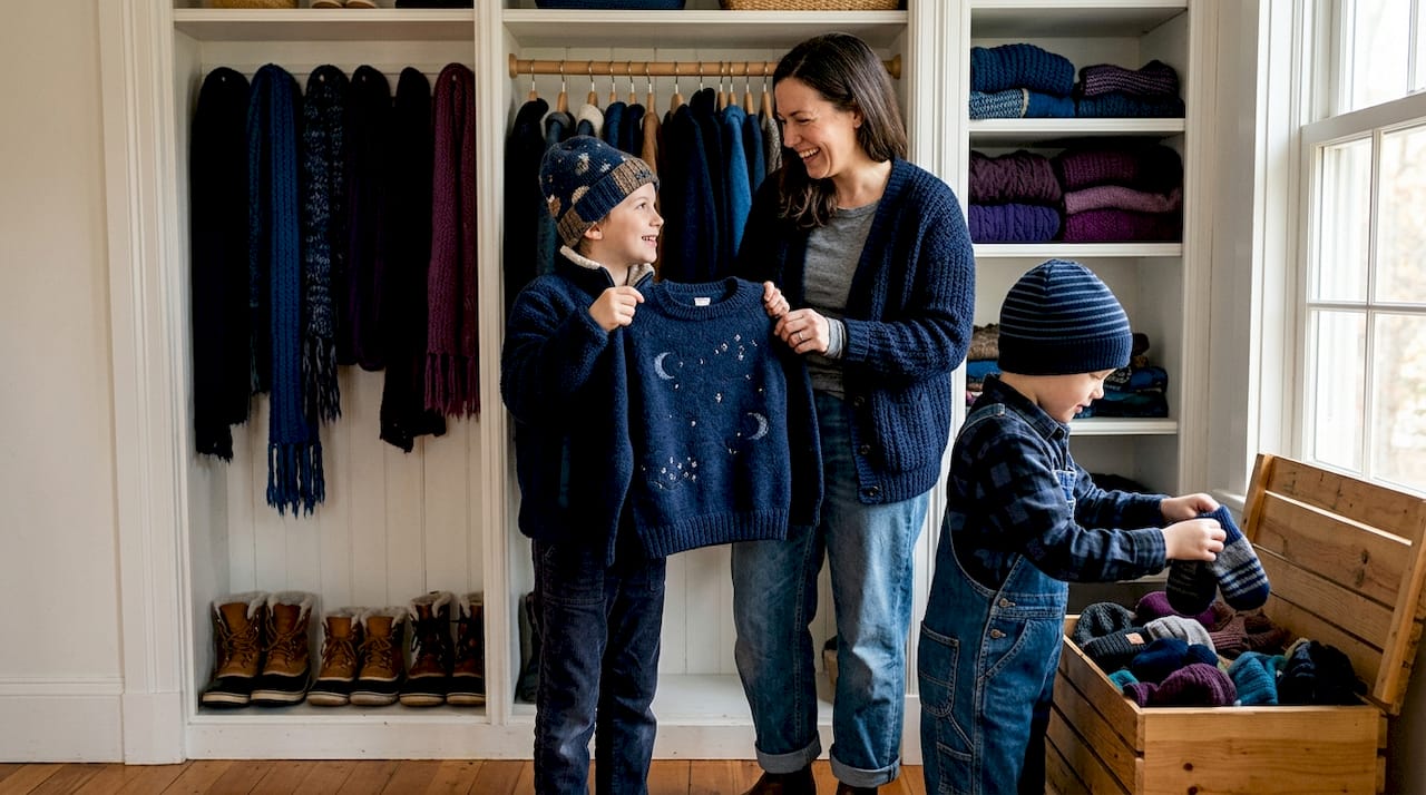 Family sorting fall clothing in hallway closet