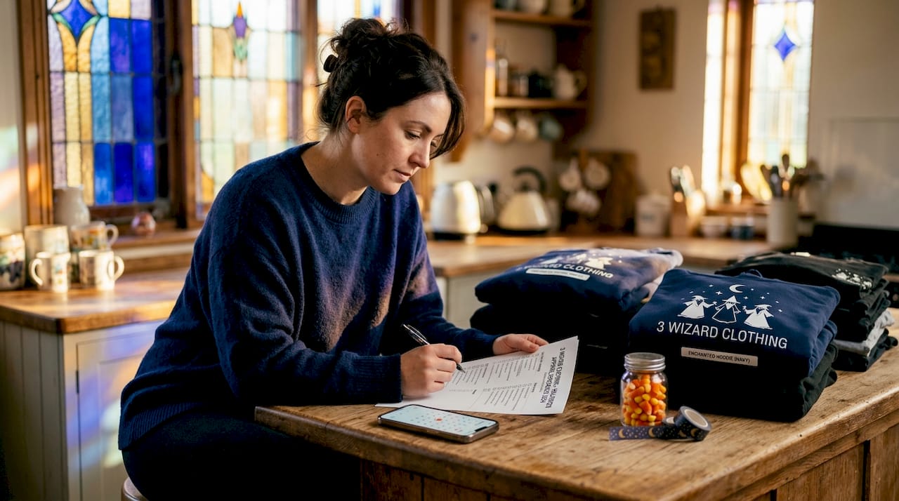 Woman checking halloween costume list in kitchen