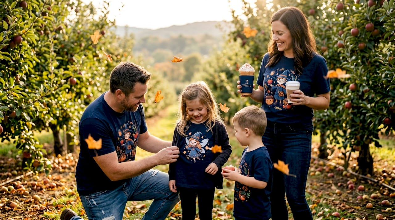 Family wearing fall-themed t-shirts outdoors
