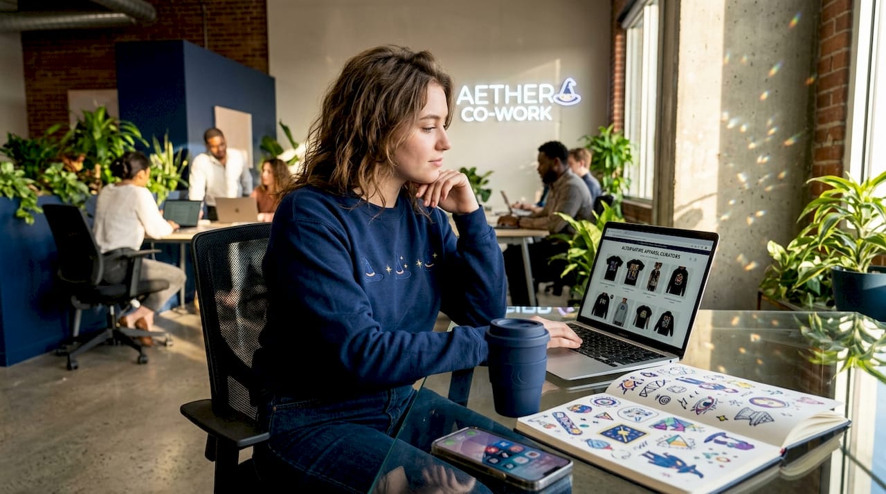 Entrepreneur reviewing graphic apparel websites on laptop