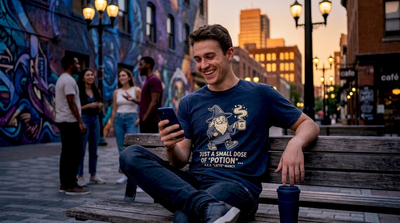 Young adult outdoors wearing humorous graphic t-shirt