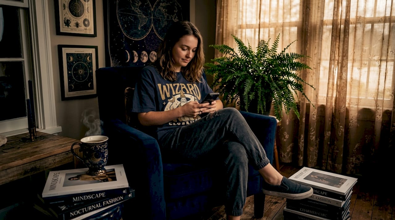 Fashion blogger scrolling on smartphone in living room