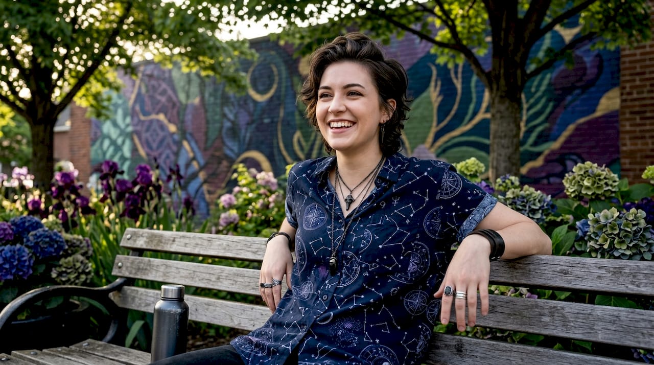 Person wearing bright fun clothing on park bench