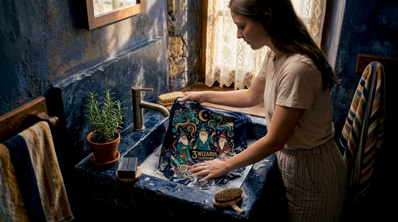 Woman hand-washing graphic t-shirt gently