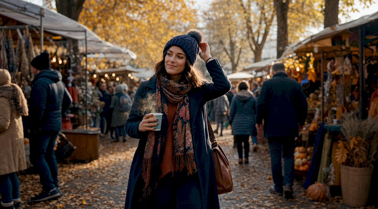 Woman wearing fall layered clothing outdoors in park