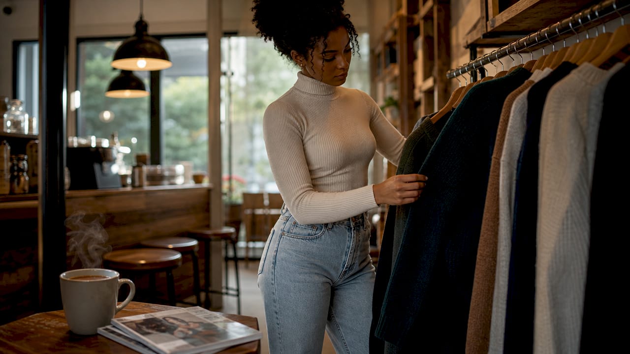 Woman selecting fall mid-layer cardigan by window