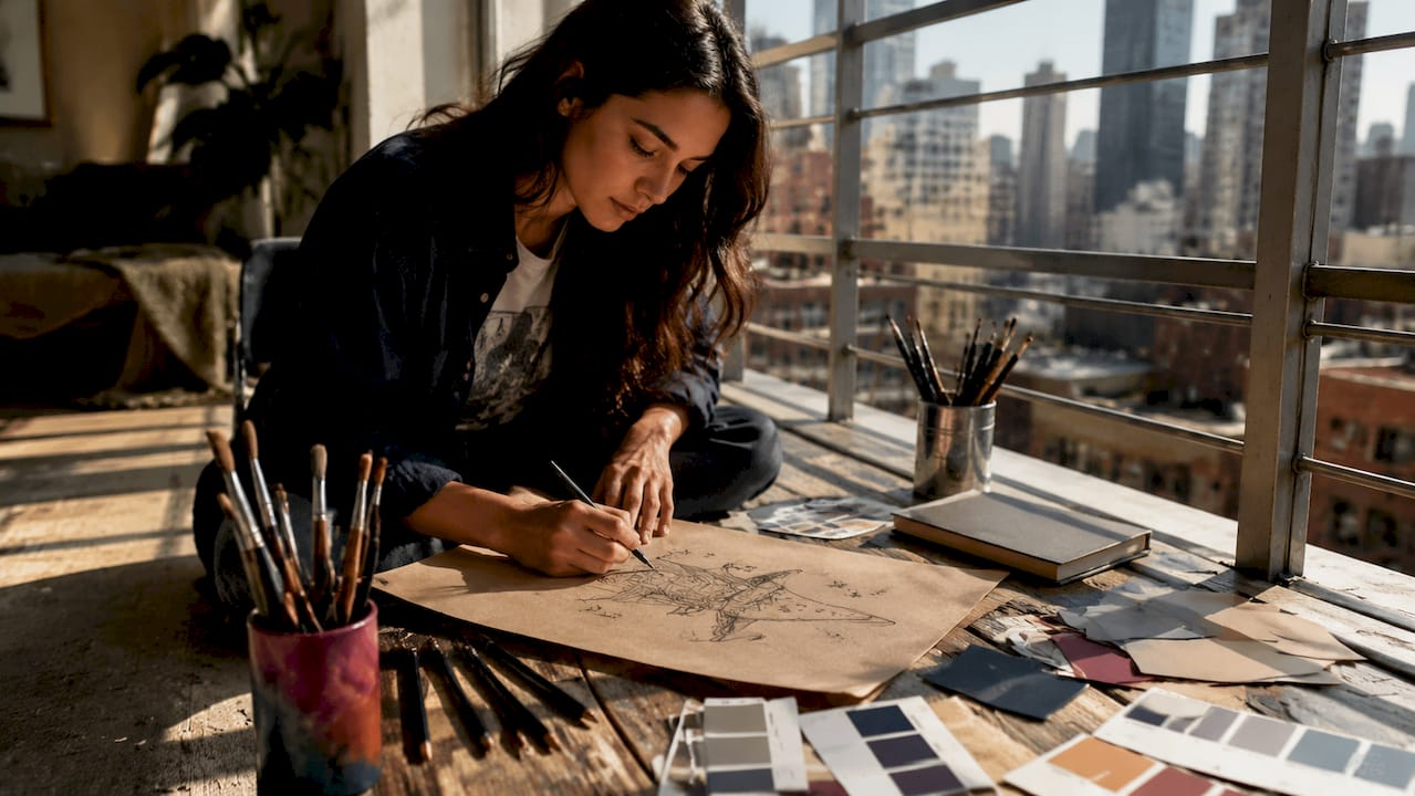 Creative woman sketching novelty t-shirt design