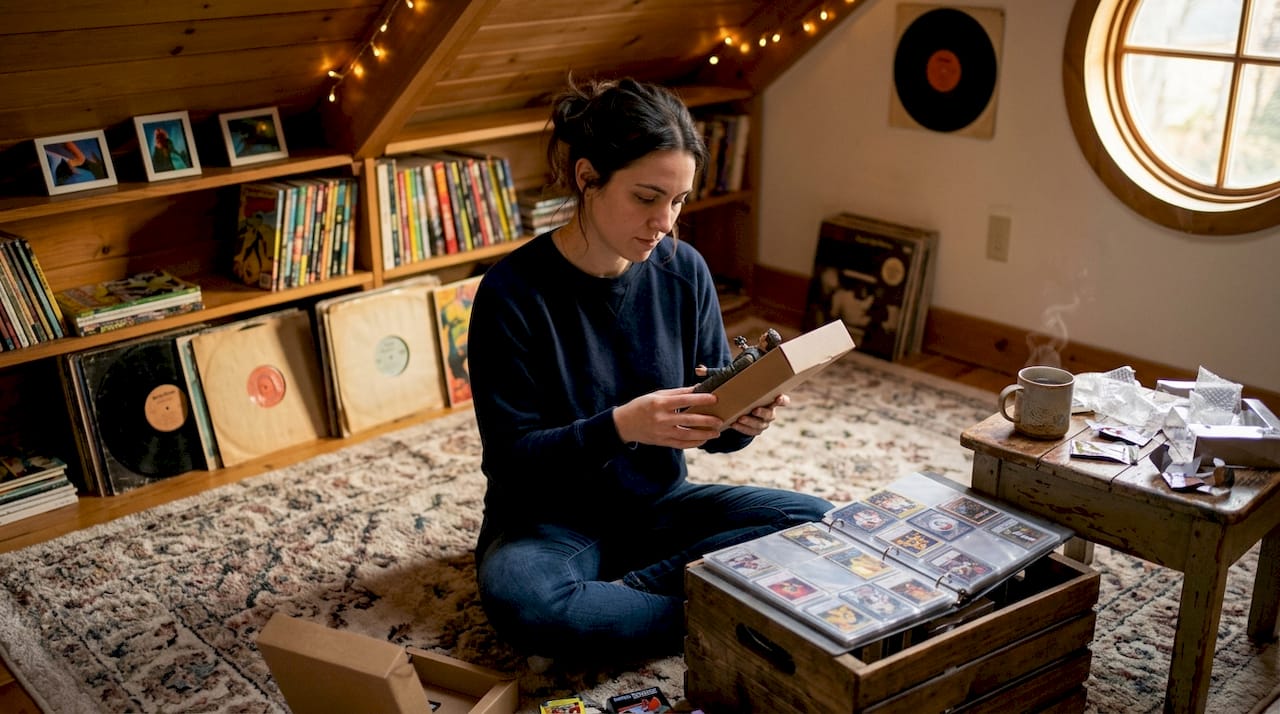 Collector examining Star Wars action figure at home