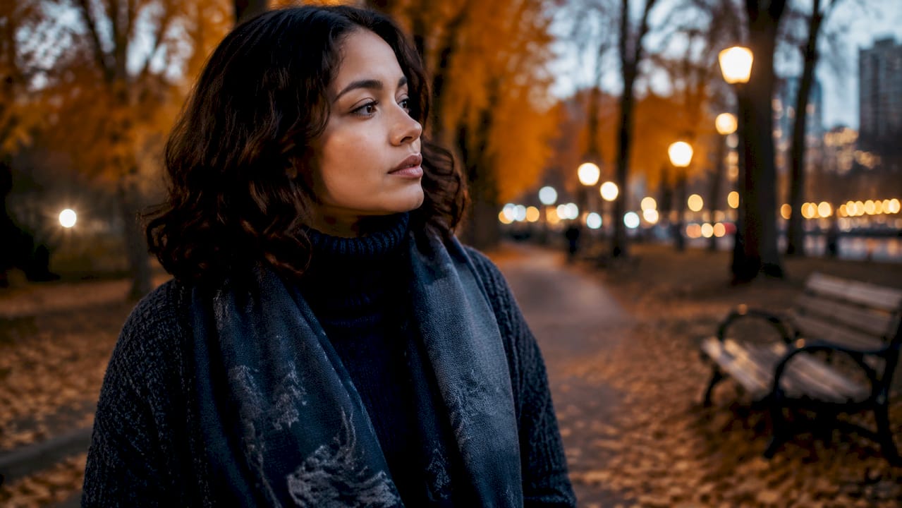 Woman outdoors wearing layered fall fashion