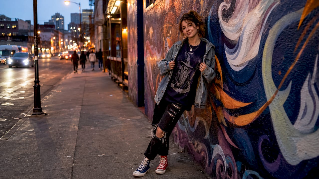 Teen girl showcasing expressive bold outfit outdoors