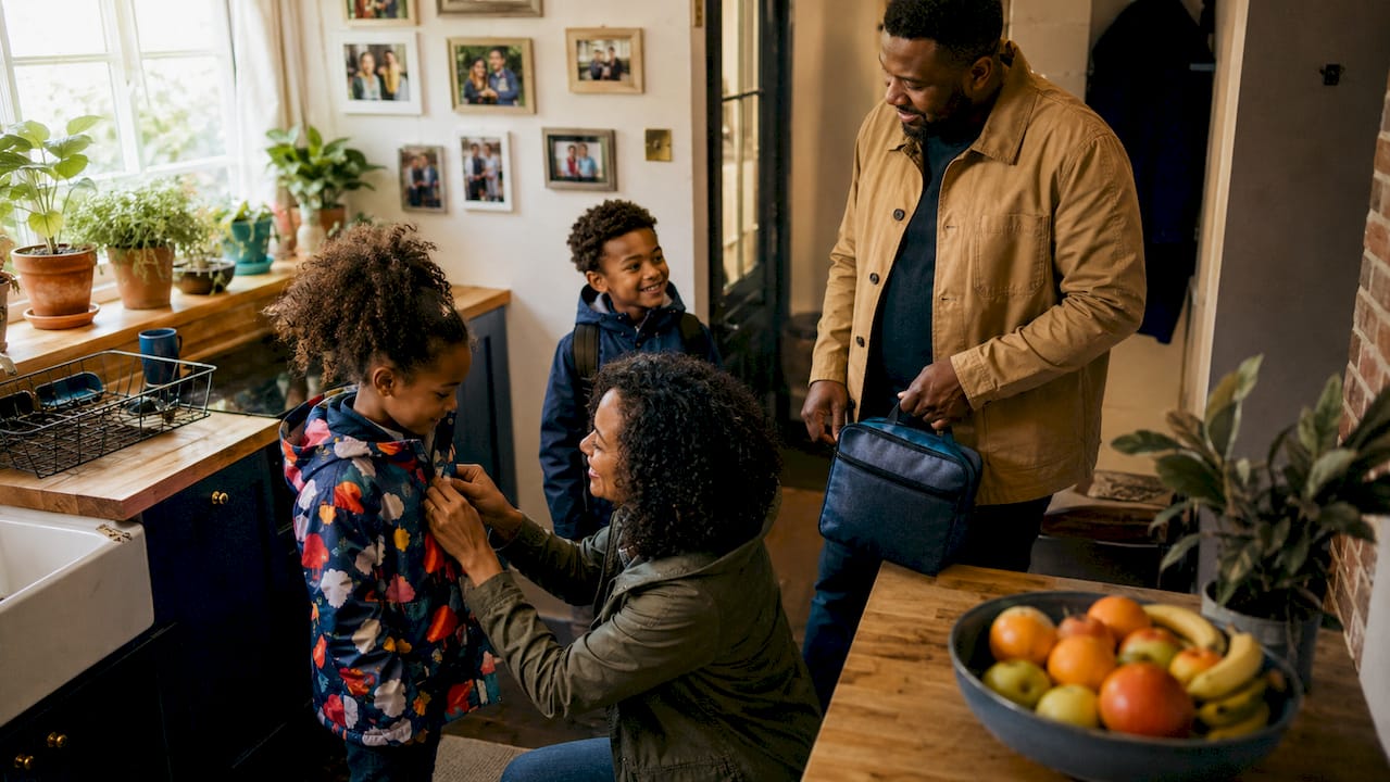 Family preparing for day in family-friendly fashion